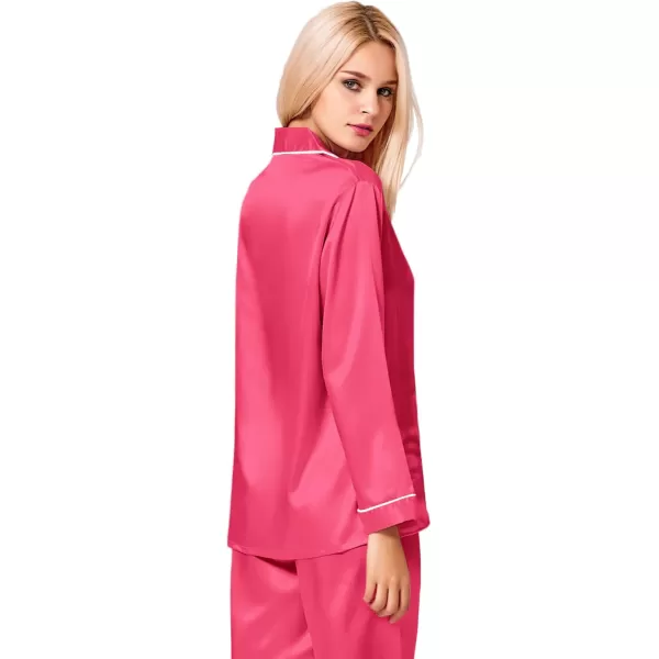 SWOMOG Womens Silk Satin Pajamas Set Long Sleeve Button Down Sleepwear 2 Piece Lounge Set Pj Set XS3XLFandango Pink