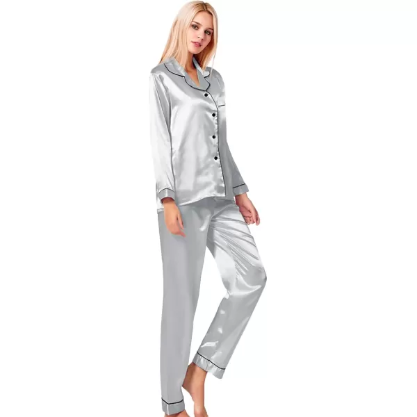 SWOMOG Womens Silk Satin Pajamas Set Long Sleeve Button Down Sleepwear 2 Piece Lounge Set Pj Set XS3XLGray