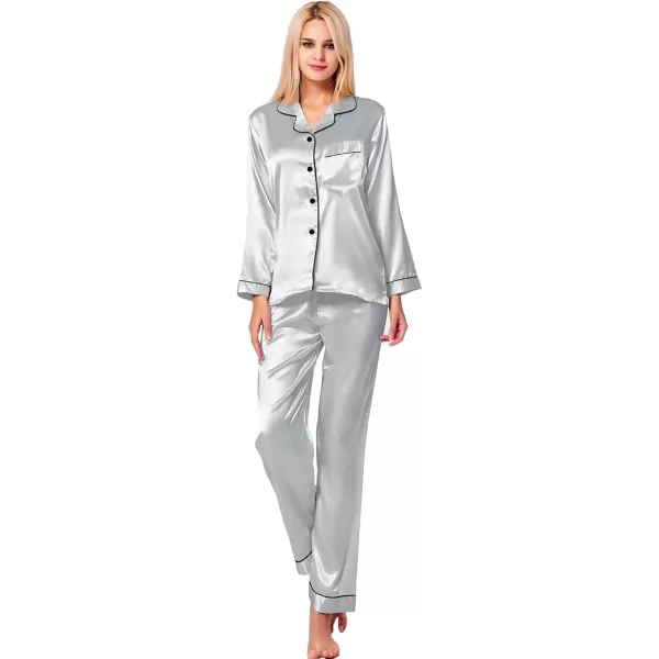 SWOMOG Womens Silk Satin Pajamas Set Long Sleeve Button Down Sleepwear 2 Piece Lounge Set Pj Set XS3XLGray