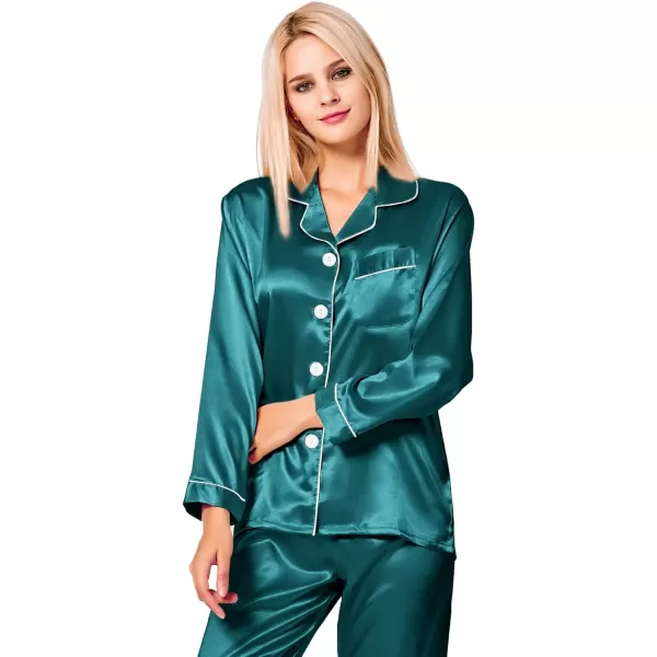 SWOMOG Womens Silk Satin Pajamas Set Long Sleeve Button Down Sleepwear 2 Piece Lounge Set Pj Set XS3XLGreen