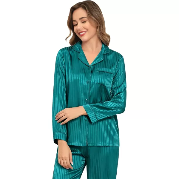 SWOMOG Womens Silk Satin Pajamas Set Long Sleeve Button Down Sleepwear 2 Piece Lounge Set Pj Set XS3XLGreen Pinstripes