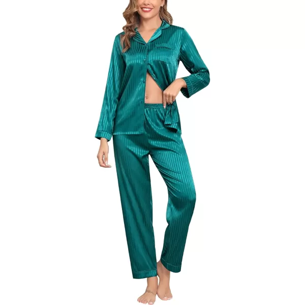 SWOMOG Womens Silk Satin Pajamas Set Long Sleeve Button Down Sleepwear 2 Piece Lounge Set Pj Set XS3XLGreen Pinstripes