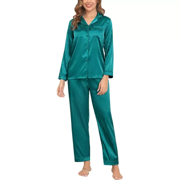 SWOMOG Womens Silk Satin Pajamas Set Long Sleeve Button Down Sleepwear 2 Piece Lounge Set Pj Set XS3XLGreen Pinstripes