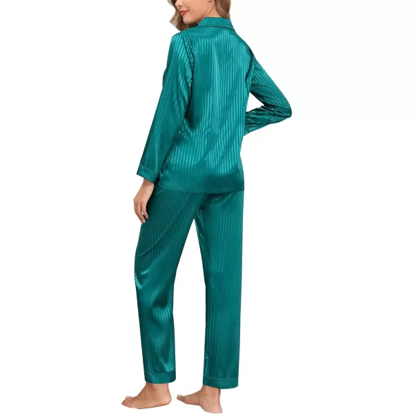 SWOMOG Womens Silk Satin Pajamas Set Long Sleeve Button Down Sleepwear 2 Piece Lounge Set Pj Set XS3XLGreen Pinstripes