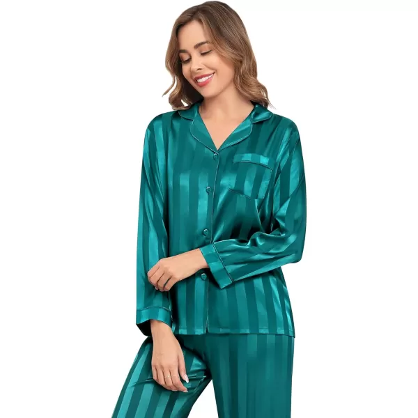 SWOMOG Womens Silk Satin Pajamas Set Long Sleeve Button Down Sleepwear 2 Piece Lounge Set Pj Set XS3XLGreen Wide Stripes