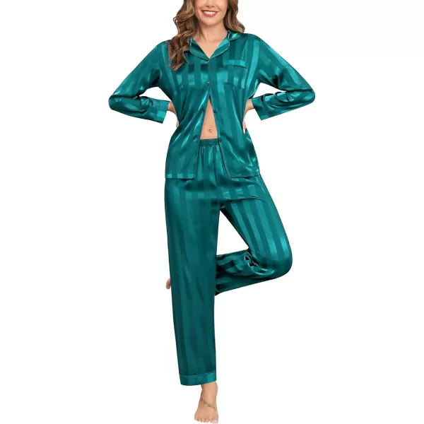 SWOMOG Womens Silk Satin Pajamas Set Long Sleeve Button Down Sleepwear 2 Piece Lounge Set Pj Set XS3XLGreen Wide Stripes