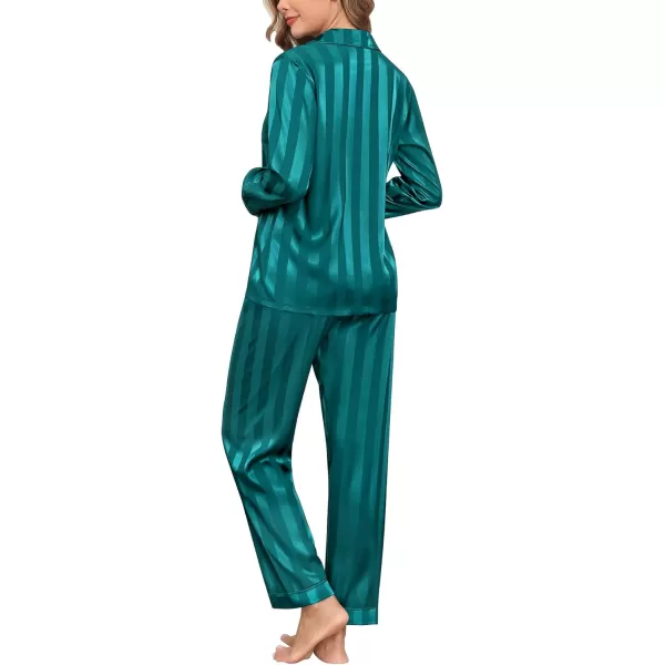 SWOMOG Womens Silk Satin Pajamas Set Long Sleeve Button Down Sleepwear 2 Piece Lounge Set Pj Set XS3XLGreen Wide Stripes