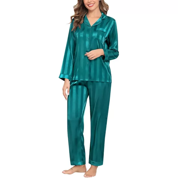 SWOMOG Womens Silk Satin Pajamas Set Long Sleeve Button Down Sleepwear 2 Piece Lounge Set Pj Set XS3XLGreen Wide Stripes