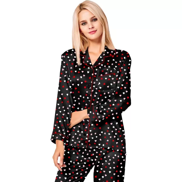 SWOMOG Womens Silk Satin Pajamas Set Long Sleeve Button Down Sleepwear 2 Piece Lounge Set Pj Set XS3XLHeart Collage