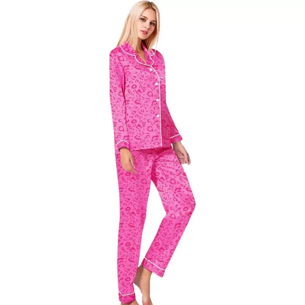 SWOMOG Womens Silk Satin Pajamas Set Long Sleeve Button Down Sleepwear 2 Piece Lounge Set Pj Set XS3XLHot Pink Leopard