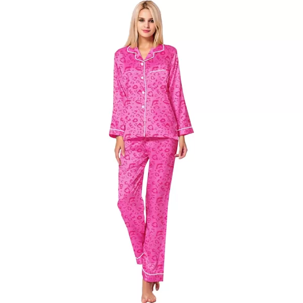 SWOMOG Womens Silk Satin Pajamas Set Long Sleeve Button Down Sleepwear 2 Piece Lounge Set Pj Set XS3XLHot Pink Leopard