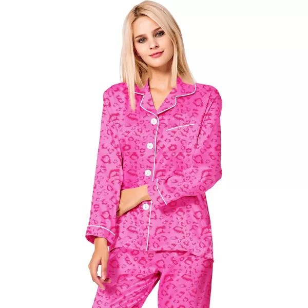 SWOMOG Womens Silk Satin Pajamas Set Long Sleeve Button Down Sleepwear 2 Piece Lounge Set Pj Set XS3XLHot Pink Leopard