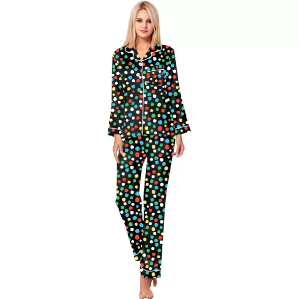 SWOMOG Womens Silk Satin Pajamas Set Long Sleeve Button Down Sleepwear 2 Piece Lounge Set Pj Set XS3XLL Vpainted Dots