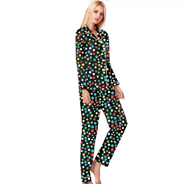 SWOMOG Womens Silk Satin Pajamas Set Long Sleeve Button Down Sleepwear 2 Piece Lounge Set Pj Set XS3XLL Vpainted Dots