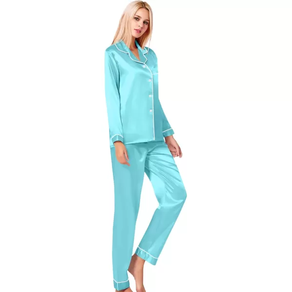 SWOMOG Womens Silk Satin Pajamas Set Long Sleeve Button Down Sleepwear 2 Piece Lounge Set Pj Set XS3XLLake Blue