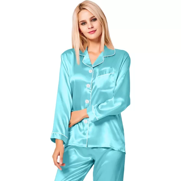 SWOMOG Womens Silk Satin Pajamas Set Long Sleeve Button Down Sleepwear 2 Piece Lounge Set Pj Set XS3XLLake Blue