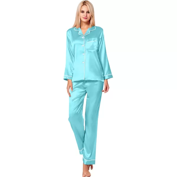 SWOMOG Womens Silk Satin Pajamas Set Long Sleeve Button Down Sleepwear 2 Piece Lounge Set Pj Set XS3XLLake Blue