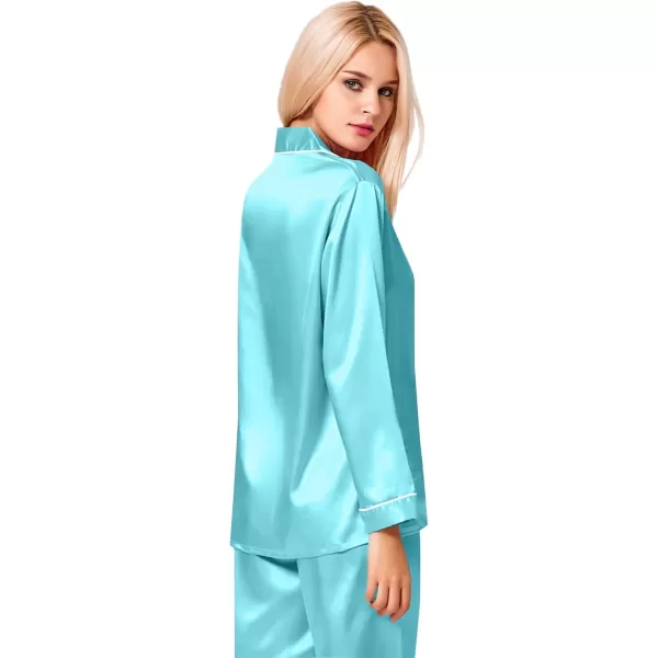 SWOMOG Womens Silk Satin Pajamas Set Long Sleeve Button Down Sleepwear 2 Piece Lounge Set Pj Set XS3XLLake Blue