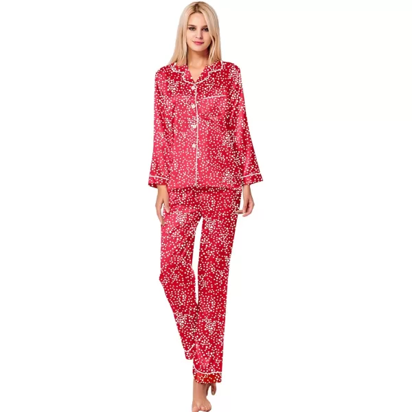 SWOMOG Womens Silk Satin Pajamas Set Long Sleeve Button Down Sleepwear 2 Piece Lounge Set Pj Set XS3XLLipstick Red Mini Hearts