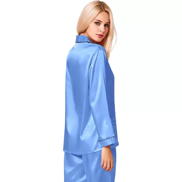 SWOMOG Womens Silk Satin Pajamas Set Long Sleeve Button Down Sleepwear 2 Piece Lounge Set Pj Set XS3XLMarina Blue