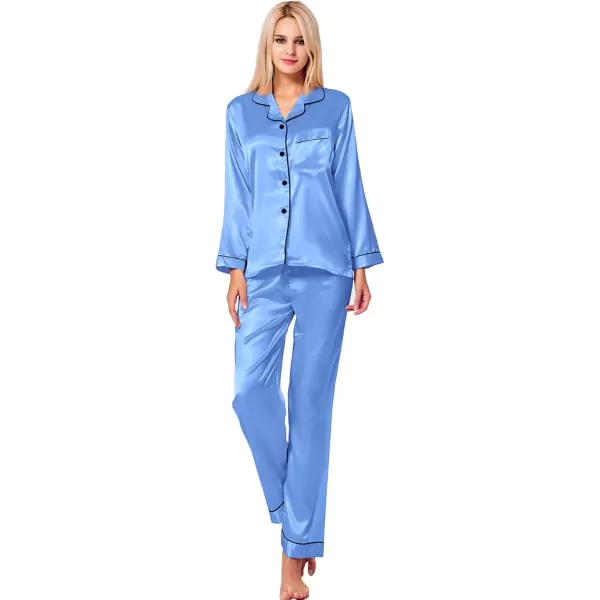 SWOMOG Womens Silk Satin Pajamas Set Long Sleeve Button Down Sleepwear 2 Piece Lounge Set Pj Set XS3XLMarina Blue