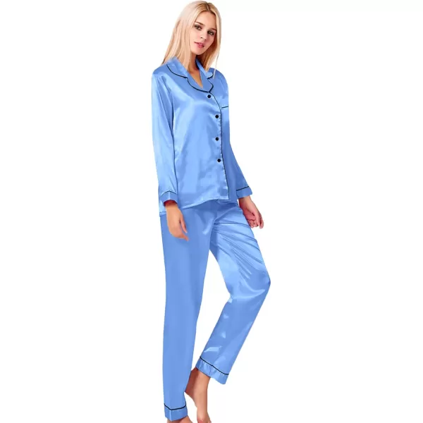 SWOMOG Womens Silk Satin Pajamas Set Long Sleeve Button Down Sleepwear 2 Piece Lounge Set Pj Set XS3XLMarina Blue