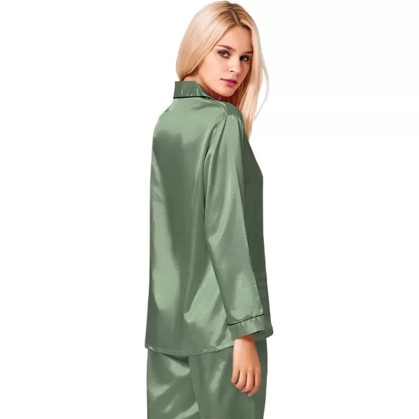 SWOMOG Womens Silk Satin Pajamas Set Long Sleeve Button Down Sleepwear 2 Piece Lounge Set Pj Set XS3XLMatcha