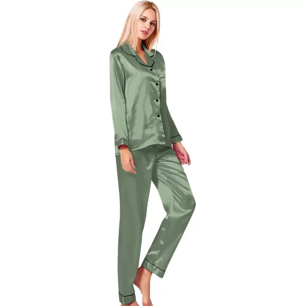 SWOMOG Womens Silk Satin Pajamas Set Long Sleeve Button Down Sleepwear 2 Piece Lounge Set Pj Set XS3XLMatcha