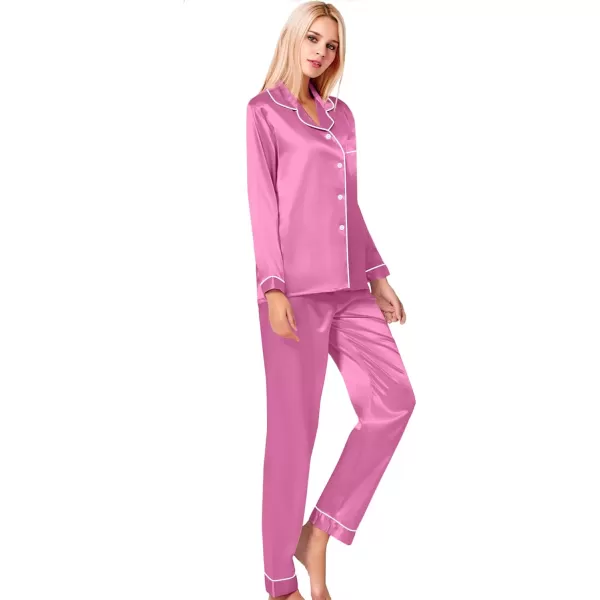 SWOMOG Womens Silk Satin Pajamas Set Long Sleeve Button Down Sleepwear 2 Piece Lounge Set Pj Set XS3XLMauve Pink