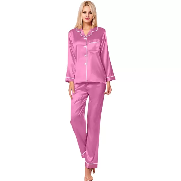 SWOMOG Womens Silk Satin Pajamas Set Long Sleeve Button Down Sleepwear 2 Piece Lounge Set Pj Set XS3XLMauve Pink