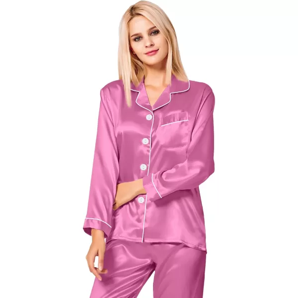 SWOMOG Womens Silk Satin Pajamas Set Long Sleeve Button Down Sleepwear 2 Piece Lounge Set Pj Set XS3XLMauve Pink