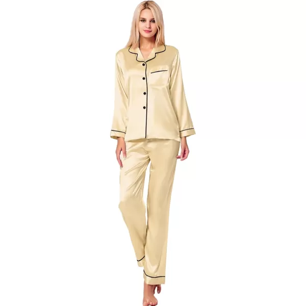 SWOMOG Womens Silk Satin Pajamas Set Long Sleeve Button Down Sleepwear 2 Piece Lounge Set Pj Set XS3XLMellow Apricot