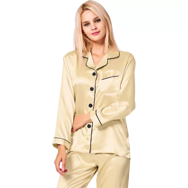 SWOMOG Womens Silk Satin Pajamas Set Long Sleeve Button Down Sleepwear 2 Piece Lounge Set Pj Set XS3XLMellow Apricot