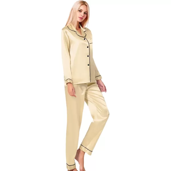 SWOMOG Womens Silk Satin Pajamas Set Long Sleeve Button Down Sleepwear 2 Piece Lounge Set Pj Set XS3XLMellow Apricot