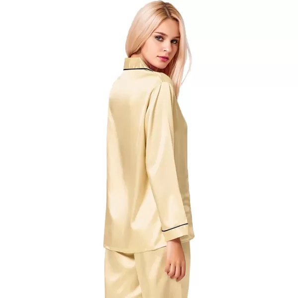 SWOMOG Womens Silk Satin Pajamas Set Long Sleeve Button Down Sleepwear 2 Piece Lounge Set Pj Set XS3XLMellow Apricot