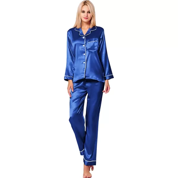 SWOMOG Womens Silk Satin Pajamas Set Long Sleeve Button Down Sleepwear 2 Piece Lounge Set Pj Set XS3XLMidninght Blue