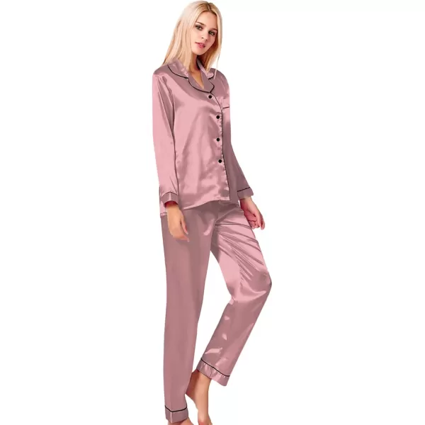 SWOMOG Womens Silk Satin Pajamas Set Long Sleeve Button Down Sleepwear 2 Piece Lounge Set Pj Set XS3XLMisty Rose