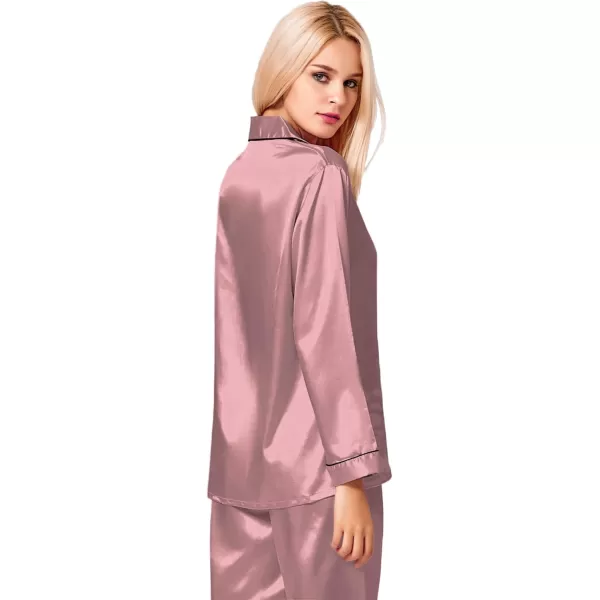 SWOMOG Womens Silk Satin Pajamas Set Long Sleeve Button Down Sleepwear 2 Piece Lounge Set Pj Set XS3XLMisty Rose