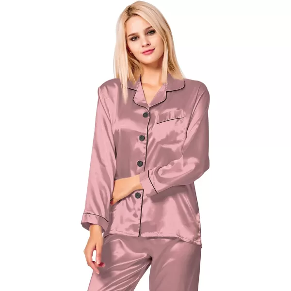 SWOMOG Womens Silk Satin Pajamas Set Long Sleeve Button Down Sleepwear 2 Piece Lounge Set Pj Set XS3XLMisty Rose