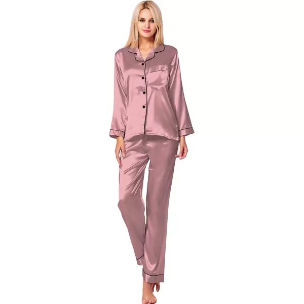 SWOMOG Womens Silk Satin Pajamas Set Long Sleeve Button Down Sleepwear 2 Piece Lounge Set Pj Set XS3XLMisty Rose