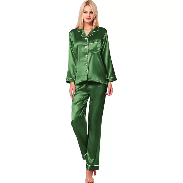 SWOMOG Womens Silk Satin Pajamas Set Long Sleeve Button Down Sleepwear 2 Piece Lounge Set Pj Set XS3XLMoss Green