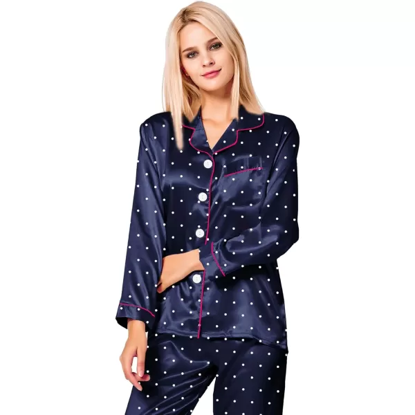 SWOMOG Womens Silk Satin Pajamas Set Long Sleeve Button Down Sleepwear 2 Piece Lounge Set Pj Set XS3XLNavy Blue Dots