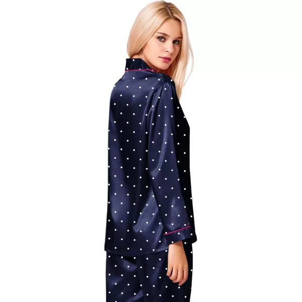 SWOMOG Womens Silk Satin Pajamas Set Long Sleeve Button Down Sleepwear 2 Piece Lounge Set Pj Set XS3XLNavy Blue Dots