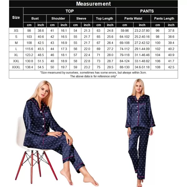 SWOMOG Womens Silk Satin Pajamas Set Long Sleeve Button Down Sleepwear 2 Piece Lounge Set Pj Set XS3XLNavy Blue Dots