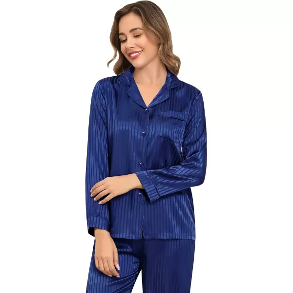 SWOMOG Womens Silk Satin Pajamas Set Long Sleeve Button Down Sleepwear 2 Piece Lounge Set Pj Set XS3XLNavy Blue Pinstripes