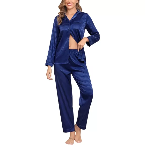 SWOMOG Womens Silk Satin Pajamas Set Long Sleeve Button Down Sleepwear 2 Piece Lounge Set Pj Set XS3XLNavy Blue Pinstripes