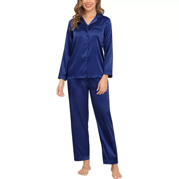 SWOMOG Womens Silk Satin Pajamas Set Long Sleeve Button Down Sleepwear 2 Piece Lounge Set Pj Set XS3XLNavy Blue Pinstripes