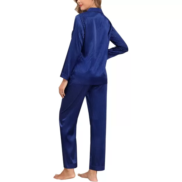 SWOMOG Womens Silk Satin Pajamas Set Long Sleeve Button Down Sleepwear 2 Piece Lounge Set Pj Set XS3XLNavy Blue Pinstripes