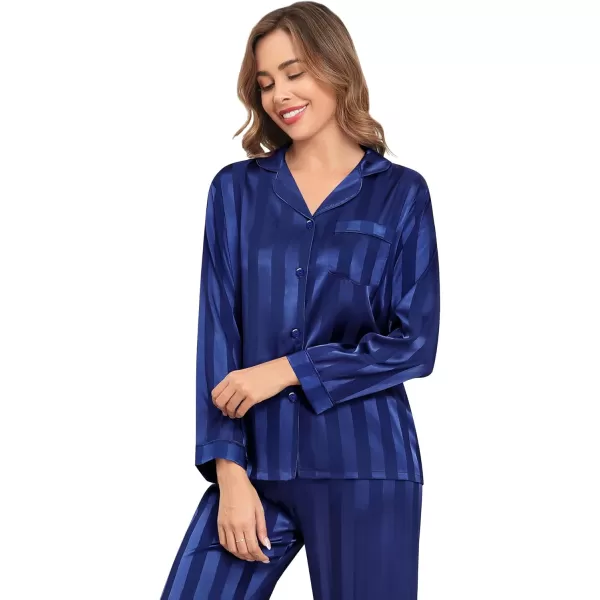 SWOMOG Womens Silk Satin Pajamas Set Long Sleeve Button Down Sleepwear 2 Piece Lounge Set Pj Set XS3XLNavy Blue Wide Stripes