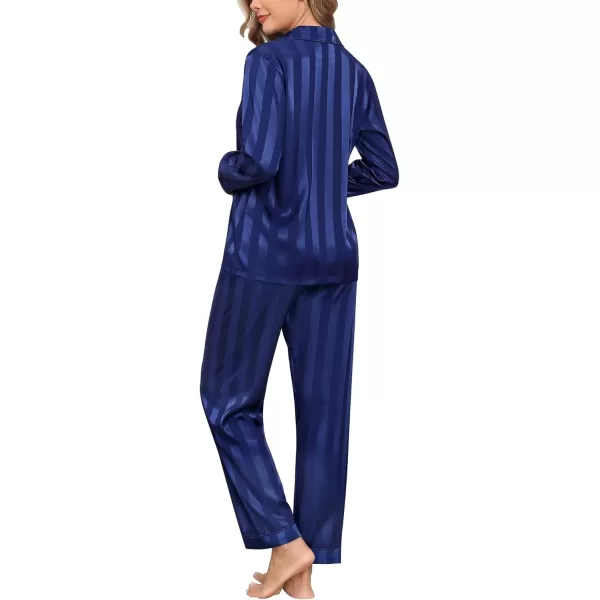 SWOMOG Womens Silk Satin Pajamas Set Long Sleeve Button Down Sleepwear 2 Piece Lounge Set Pj Set XS3XLNavy Blue Wide Stripes